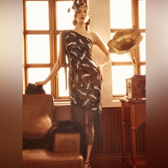 La Revue Nègre Feather Sequins Evening Gown, Flapper 1920’s inspired - Picture 10 of 12
